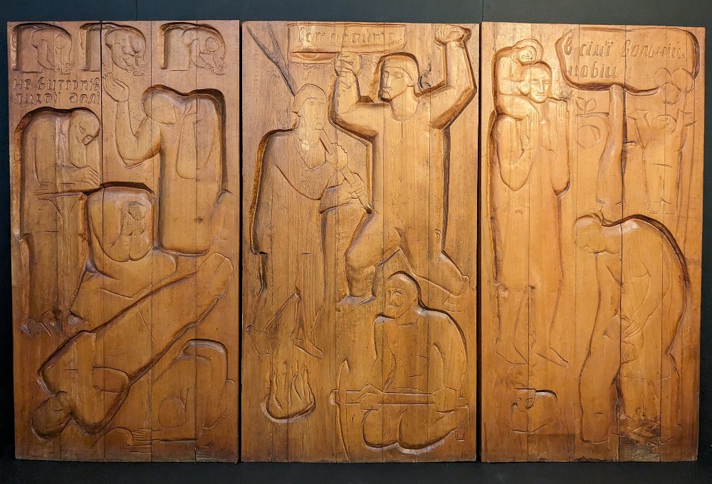 Triptych inspired by T. Shevchenko poetry Triptych inspired by T. Shevchenko poetry, Romanian beech, 3 pannels: 28x54x2.5 inches each, 1970 Не витерпів лихої долі (Fate) Поховайте та вставайте, Кайдани порвіте (Stand up) І мене в сім’ї великій, в сім’ї вольній, новій Не забудьте пом’янути незлим тихим словом (Remember me)